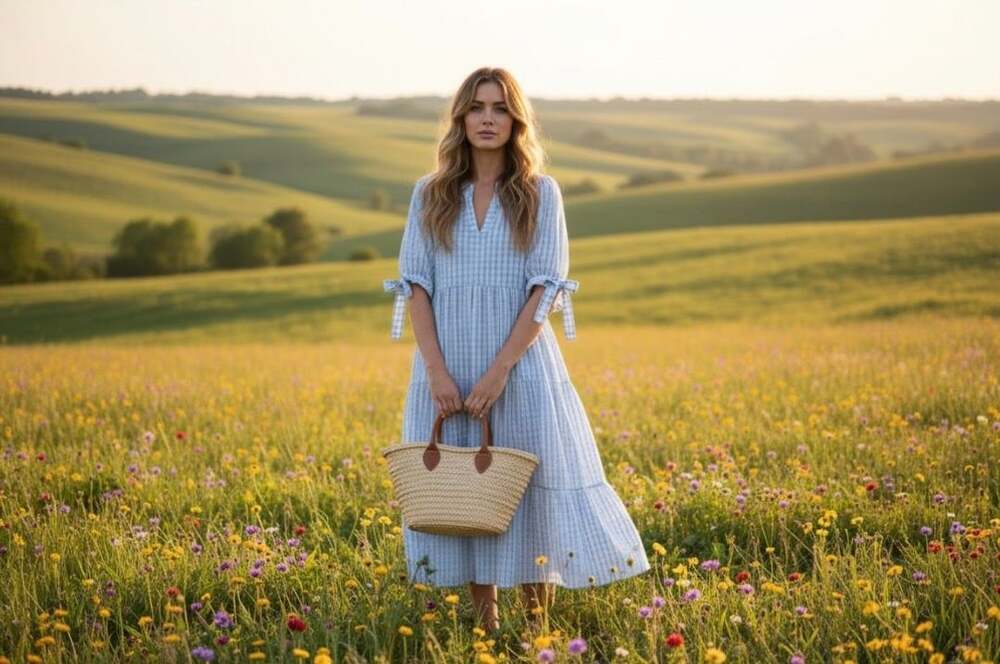 ECOWISH Light Blue Gingham Tiered Midi Dress
